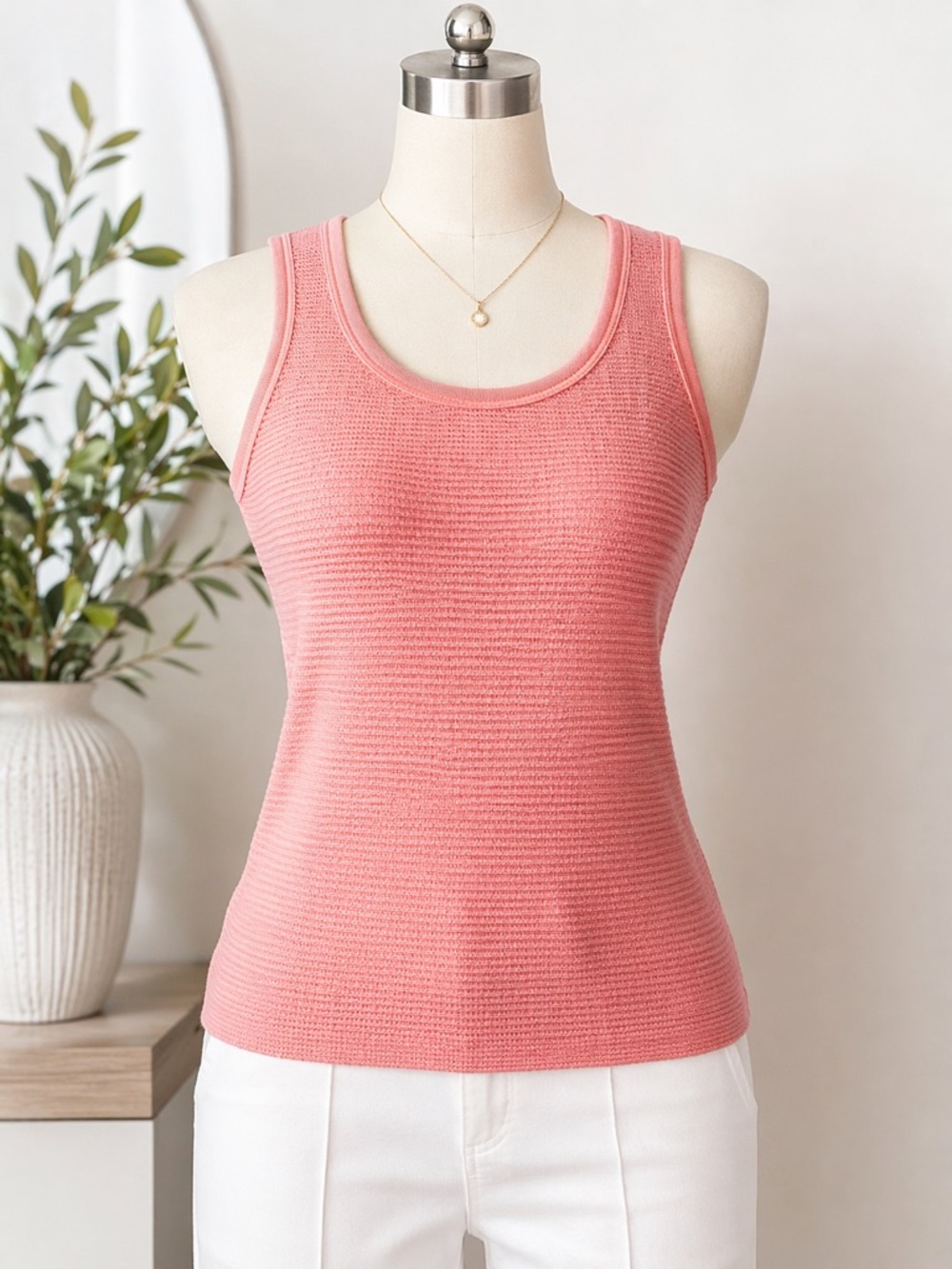 St John Pink Wool Blend Rib Knit Tank Sleeveless Top NWOT M